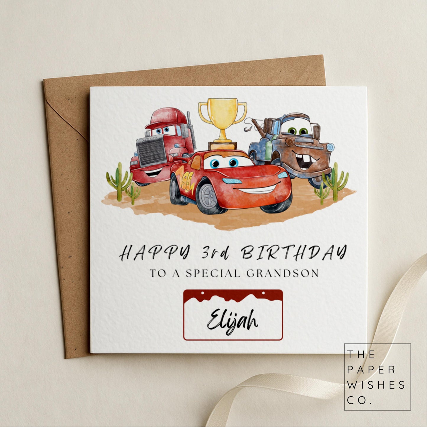 Personalised Racing Car Birthday Card – Custom Name & Age – Trophy Winner Kids Card – Fun Race Theme Birthday Card