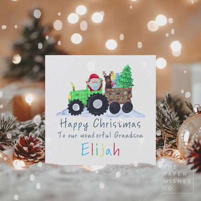 Personalised Santa Tractor Christmas Card – Custom Name and Relation – Festive Card for Children – Santa and Reindeer Holiday Card