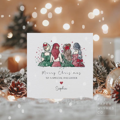 Personalised Christmas Card – Festive Fashion Girls Illustration – Custom Name Xmas Card for Daughter, Sister or Friend Stylish Holiday Card