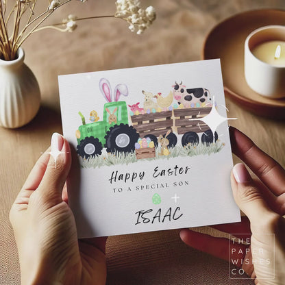 Personalised Easter Card – Green Tractor Bunny & Farm Animals, Custom Name Easter Gift for Kids