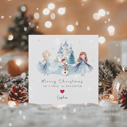 Personalised Christmas Card – Frozen Princess Castle Snowman Design – Custom Name Xmas Card for Kids or Family – Cute Winter Holiday Card