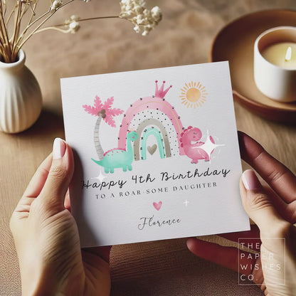 Personalised Dinosaur Birthday Card – Pink Dino & Rainbow Design – Custom Name and Age – Cute Roarsome Kids Card
