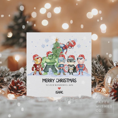 Personalised Superhero Christmas Card – Cute Superhero Squad Festive Design – Custom Name Xmas Card for Kids or Family – Comic Style Holiday