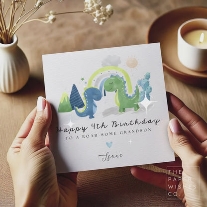 Personalised Dinosaur Birthday Card – Custom Age & Name – Cute Dino and Rainbow Design – Roarsome Birthday Card for Kids