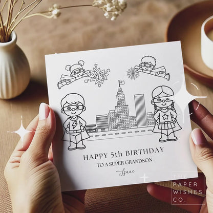 Personalised Superhero Colour-In Birthday Card for Kids - Fun Creative Gift