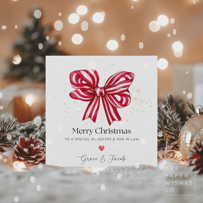 Personalised Christmas Card for Special Couple – Red Bow Design – In-Laws, Family or Friends – Custom Names – Festive Xmas Card