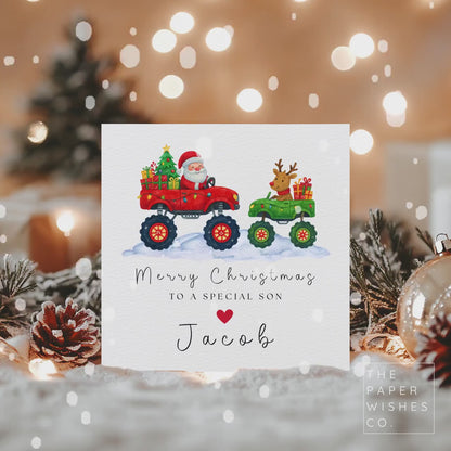 Personalised Christmas Card – Santa Monster Truck Design – Custom Name Xmas Card for Kids or Family – Fun Festive Holiday Card with Reindeer