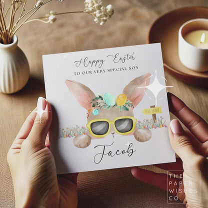Personalised Easter Card for Kids – Cute Bunny with Sunglasses, Custom Name Easter Gift, Egg Hunt Card
