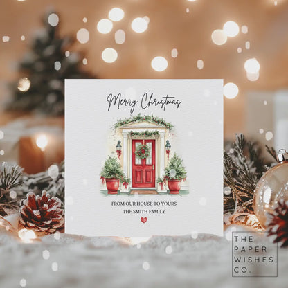 Personalised Red Door Christmas Card – From Our House to Yours – Family Christmas Card – Elegant Holiday Greeting – Custom Family Name