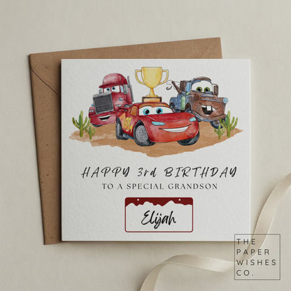Personalised Racing Car Birthday Card – Custom Name & Age – Trophy Winner Kids Card – Fun Race Theme Birthday Card