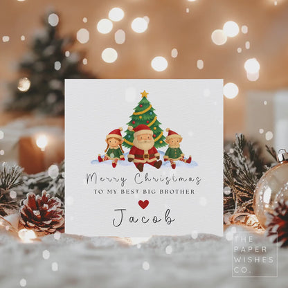 Personalised Christmas Card – Santa and Elves Plush Style Design – Custom Name Xmas Card for Kids or Family – Cute Festive Holiday Card