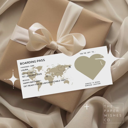 Personalised holiday boarding pass, scratch to reveal surprise, holiday birthday gift, scratch card destination reveal