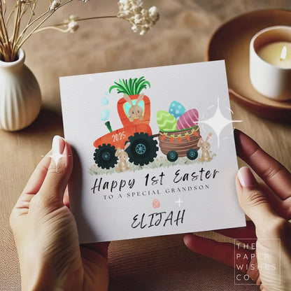 Personalised Easter Card for Kids – Cute Bunny Carrot Tractor, Custom Name Easter Gift