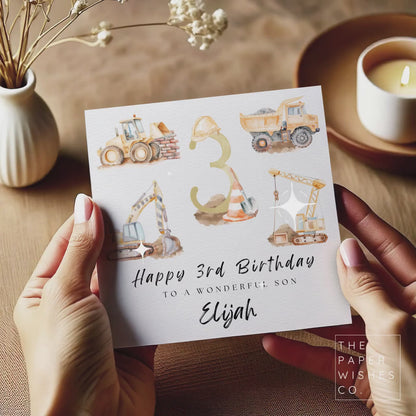 Personalised Construction Birthday Card – Digger & Truck Theme – Custom Age and Name – Toddler Birthday Card with Cranes and Cones