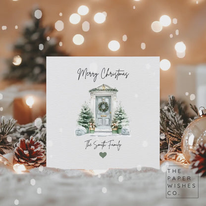 Personalised Christmas Card – Winter Door Scene with Family Name – Custom Holiday Card – Elegant Festive Front Door Design