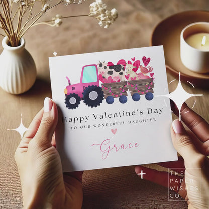 Personalised Valentine’s Day Card for Daughter - Cute Tractor and Farm Animal Design