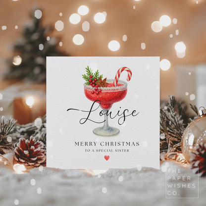 Personalised Christmas Card – Festive Cocktail Glass Design – Custom Name & Recipient – Fun Holiday Card for Sister, Mum, Friend or More