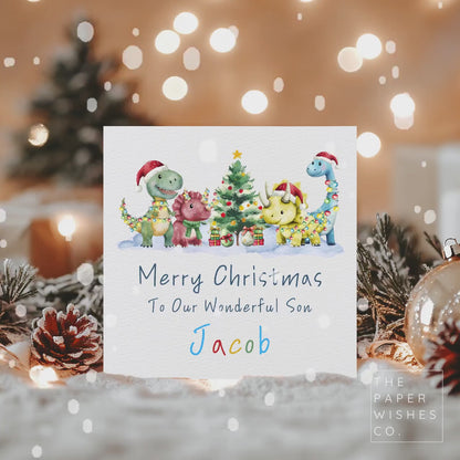 Personalised Dinosaur Christmas Card – Custom Name & Relation – Cute Festive Card for Kids – Dino Xmas Lights Holiday Card