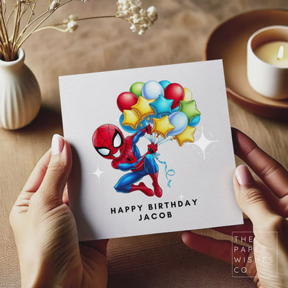 Personalised Superhero Birthday Card – Spider Hero Balloon Card for Kids