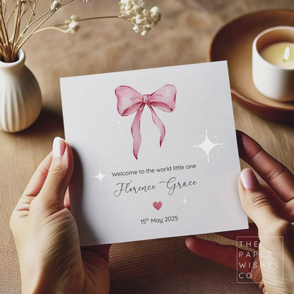 Personalised New Baby Card – Pink Bow Design – Custom Name & Birth Date – Welcome Little One Card – Baby Girl Keepsake