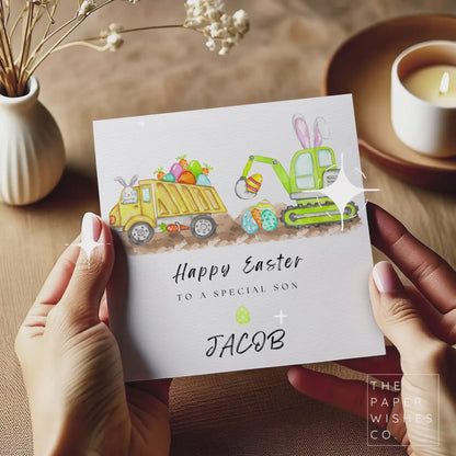 Personalised Easter Card - Cute Digger and Truck Easter Design