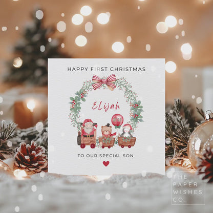 Personalised First Christmas Card – Woodland Train & Wreath Design – Custom Name Baby’s First Xmas Card – Festive Keepsake Holiday Card