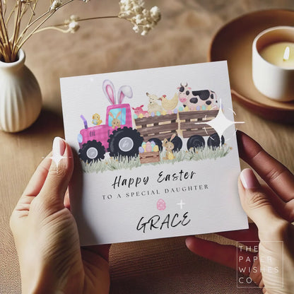 Personalised Easter Card – Pink Tractor Bunny & Farm Animals, Custom Name Easter Gift for Kids