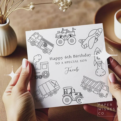 Personalised Transport Colour-In Birthday Card for Kids - Fun Activity Gift
