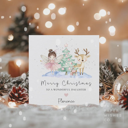 Personalised Fairy Christmas Card – Custom Name & Relation – Cute Xmas Card with Reindeer and Tree – Daughter, Niece or Godchild