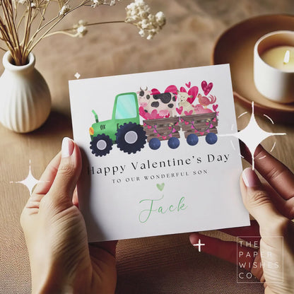 Personalised Valentine’s Day Card for Son - Cute Tractor and Farm Animal Design