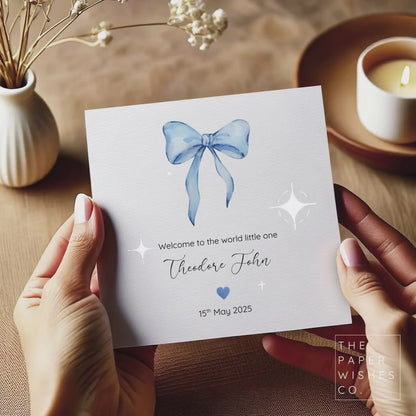 Personalised New Baby Card – Blue Bow Design – Custom Name & Birth Date – Welcome to the World Card – Elegant Baby Keepsake