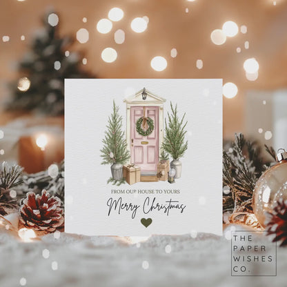 Pink Door Christmas Card – From Our House to Yours – Festive Family Card – Custom Holiday Card