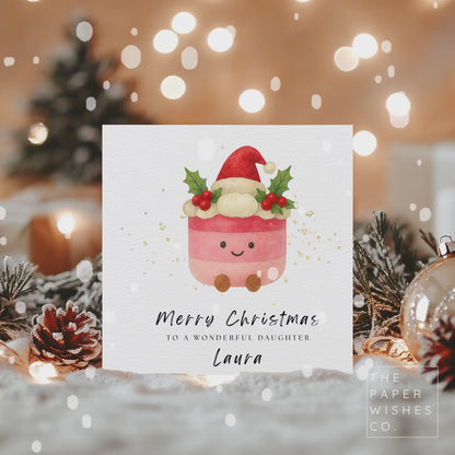 Personalised Christmas Card – Cute Festive Pudding Plush Design – Custom Name Holiday Card for Kids or Family – Kawaii Style Xmas Card