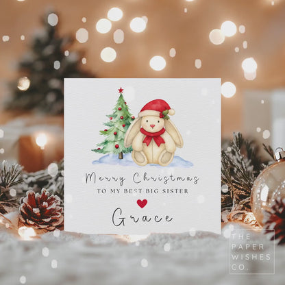 Personalised Christmas Card – Cute Bunny Plush Toy Design – Custom Name Xmas Card for Kids or Family – Soft Toy Style Holiday Card