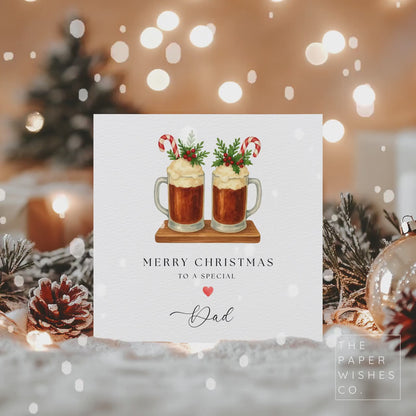Personalised Christmas Card – Festive Beer Mugs – Custom Name Xmas Card for Dad, Husband, Brother, Grandad – Cute Holiday Greeting