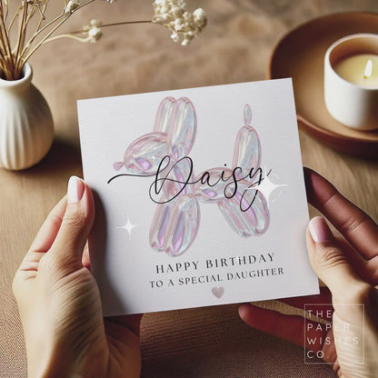 Personalised Balloon Dog Birthday Card – Custom Name Card – Fun Holographic Style Birthday Card – Unique Customisable Card