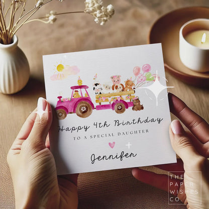 Personalised Pink Tractor Birthday Card – Farm Animal Birthday