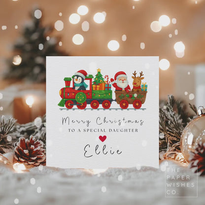 Personalised Christmas Card – Santa Train with Penguin & Reindeer – Custom Name Xmas Card for Kids or Family – Cute Festive Holiday Card
