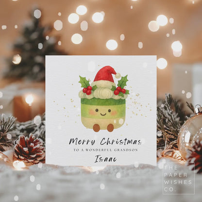Personalised Christmas Card – Cute Festive Pudding Plush Design – Custom Name Holiday Card for Kids or Family – Kawaii Style Xmas Card